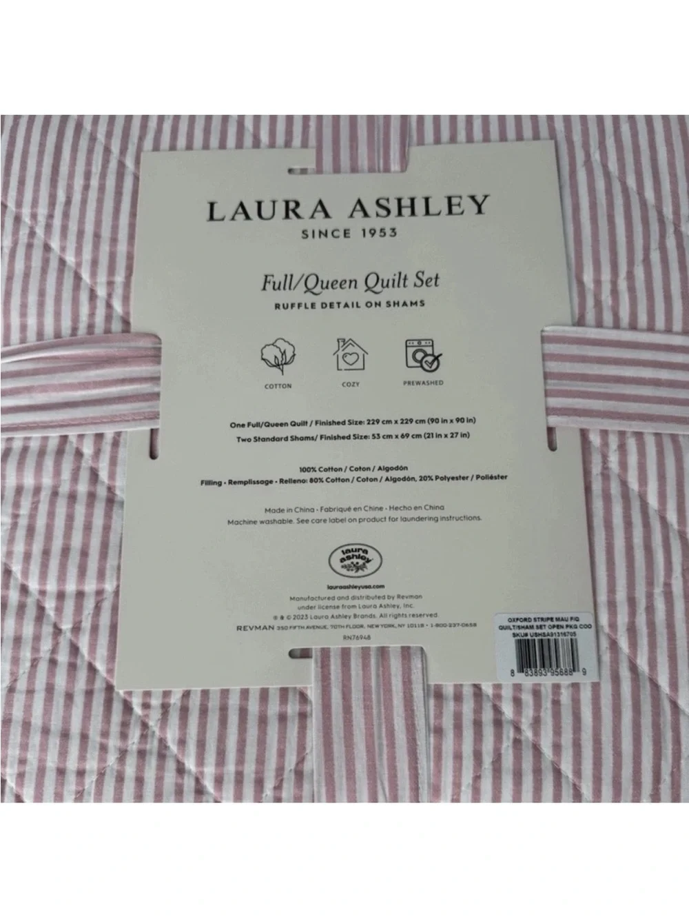 Laura Ashley Full/Queen Pink Oxford Stripe Reversible Cotton Quilt Set NWT